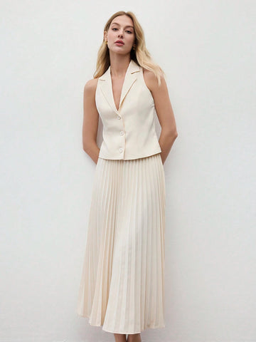 Women's Coffee Solid Color Sleeveless Lapel Vest & Skirt Set