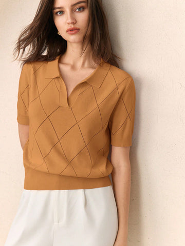Collar Diamond Knit Short Sleeve Pullover Sweater