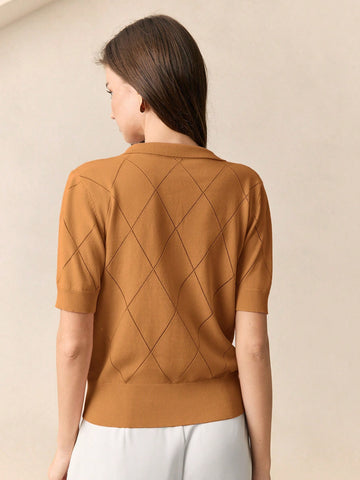 Collar Diamond Knit Short Sleeve Pullover Sweater