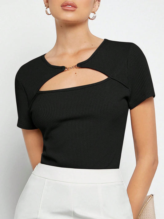 Women's Hollow Out Chain Detail Fitted Short Sleeve T-Shirt