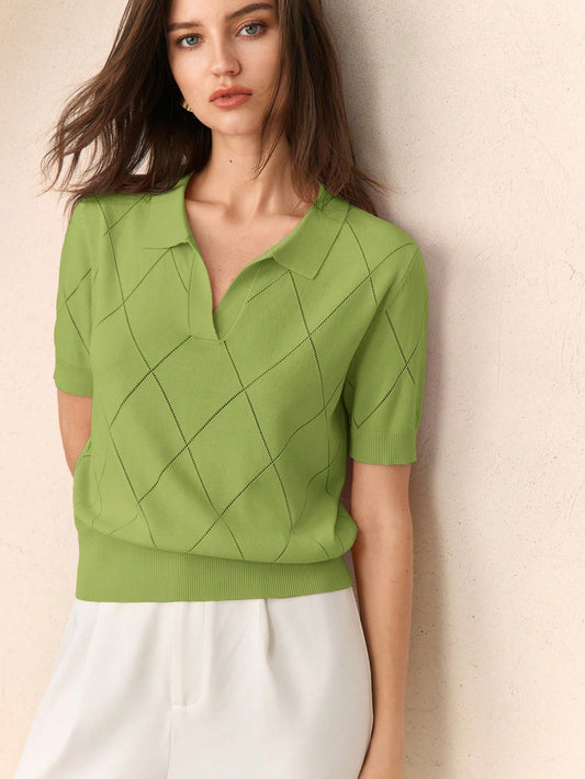 Collar Diamond Knit Short Sleeve Pullover Sweater
