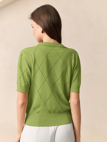 Collar Diamond Knit Short Sleeve Pullover Sweater