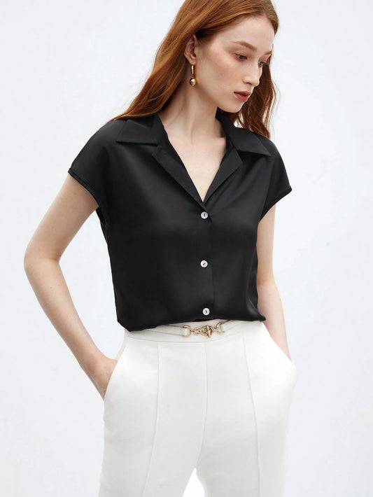 BizChic Women's Solid Color Turndown Collar Button Down Short Sleeve Silky Blouse