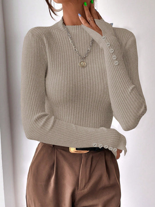 BizChic Mock Neck Ribbed Knit Split Cuff Sweater