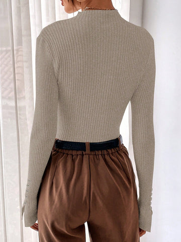 BizChic Mock Neck Ribbed Knit Split Cuff Sweater