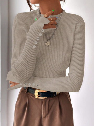 BizChic Mock Neck Ribbed Knit Split Cuff Sweater