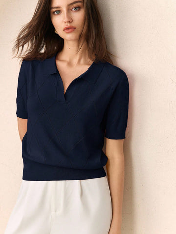 Collar Diamond Knit Short Sleeve Pullover Sweater