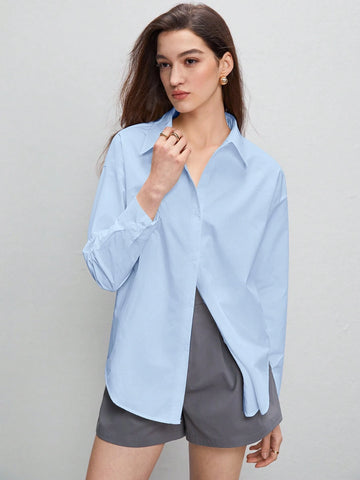 BizChic Solid Drop Shoulder Curved Hem Shirt