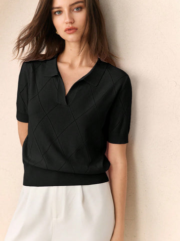 Collar Diamond Knit Short Sleeve Pullover Sweater