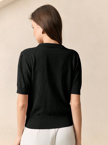 Collar Diamond Knit Short Sleeve Pullover Sweater