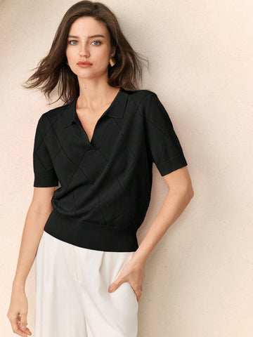 Collar Diamond Knit Short Sleeve Pullover Sweater