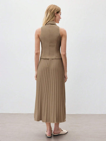 Women's Coffee Solid Color Sleeveless Lapel Vest & Skirt Set
