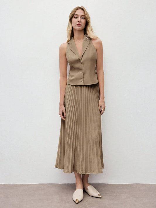 Women's Coffee Solid Color Sleeveless Lapel Vest & Skirt Set