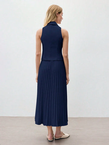 Women's Coffee Solid Color Sleeveless Lapel Vest & Skirt Set