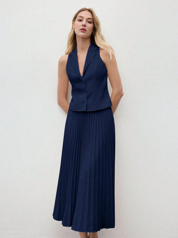Women's Coffee Solid Color Sleeveless Lapel Vest & Skirt Set