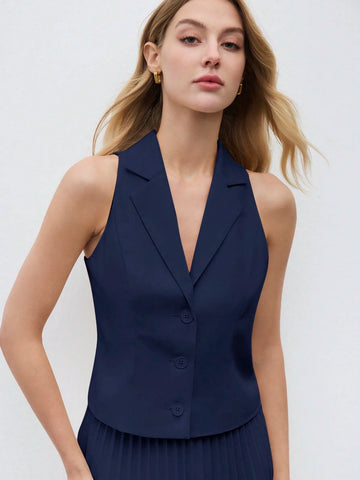Women's Coffee Solid Color Sleeveless Lapel Vest & Skirt Set
