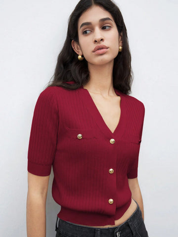 Women's Single-Breasted Short Sleeve Knit Top