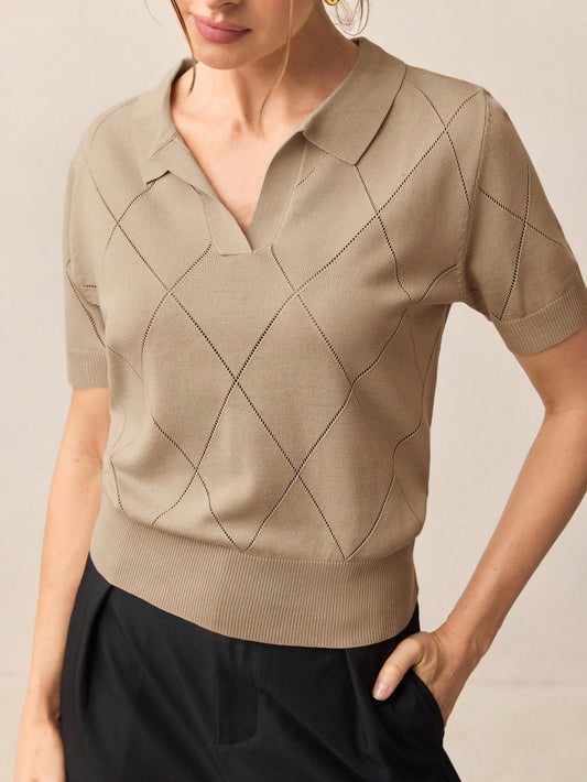 Collar Diamond Knit Short Sleeve Pullover Sweater
