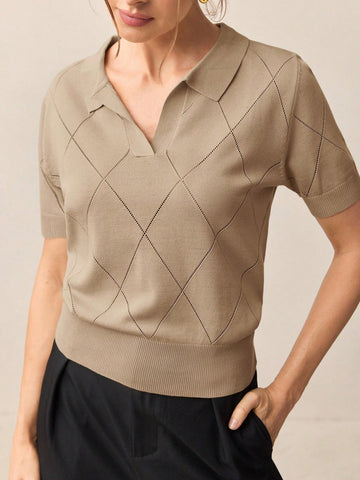 Collar Diamond Knit Short Sleeve Pullover Sweater