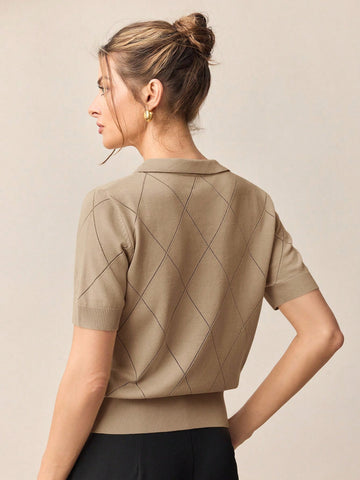 Collar Diamond Knit Short Sleeve Pullover Sweater