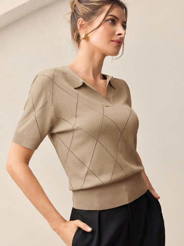 Collar Diamond Knit Short Sleeve Pullover Sweater