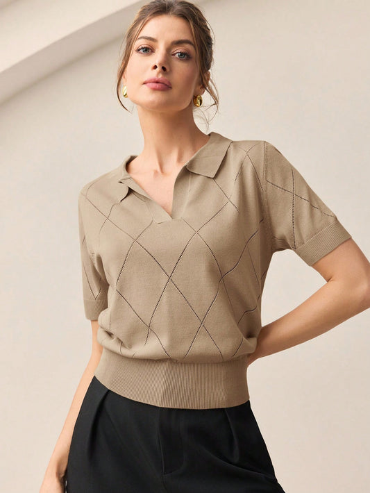 Polo Collar Diamond Knit Sweater Top