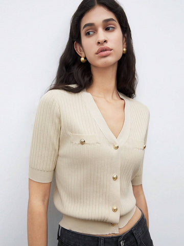 Women's Single-Breasted Short Sleeve Knit Top