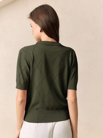 Collar Diamond Knit Short Sleeve Pullover Sweater