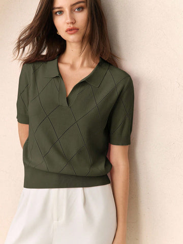 Collar Diamond Knit Short Sleeve Pullover Sweater