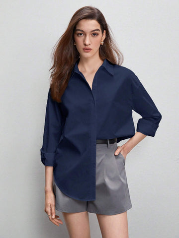 BizChic Solid Drop Shoulder Curved Hem Shirt