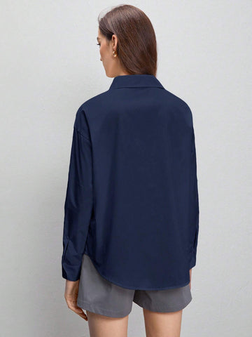 BizChic Solid Drop Shoulder Curved Hem Shirt
