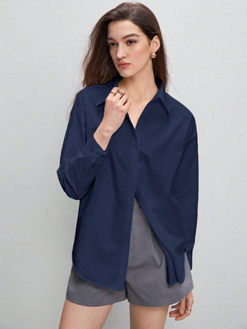 BizChic Solid Drop Shoulder Curved Hem Shirt