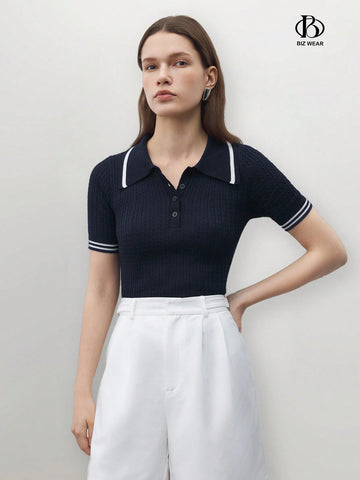 Women's Short Sleeve Knitted Polo Collar Top Twisted Yarn Pattern