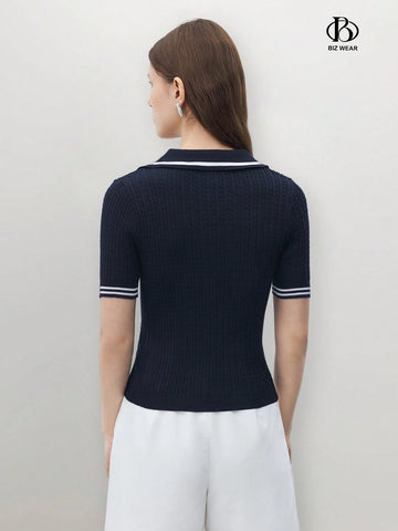 Women's Short Sleeve Knitted Polo Collar Top Twisted Yarn Pattern