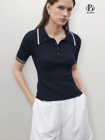 Women's Short Sleeve Knitted Polo Collar Top Twisted Yarn Pattern