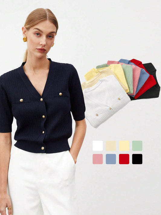 Women's Single-Breasted Short Sleeve Knit Top