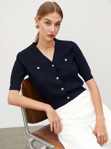 Women's Single-Breasted Short Sleeve Knit Top