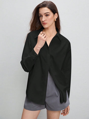 BizChic Solid Drop Shoulder Curved Hem Shirt