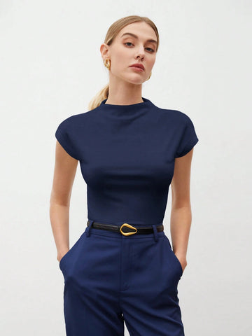 Women's Solid Color Stand Collar Batwing Short Sleeve T-Shirt