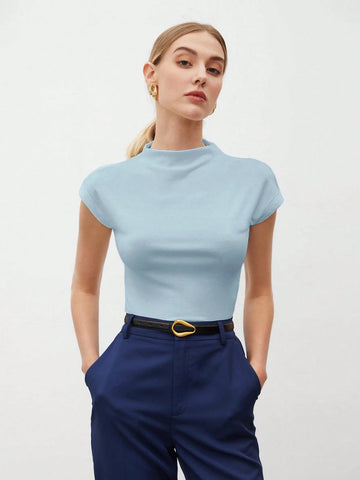 Women's Solid Color Stand Collar Batwing Short Sleeve T-Shirt