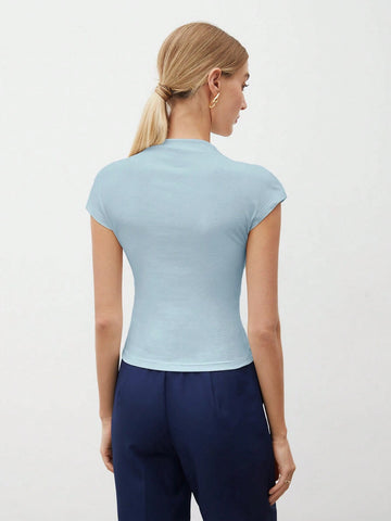 Women's Solid Color Stand Collar Batwing Short Sleeve T-Shirt