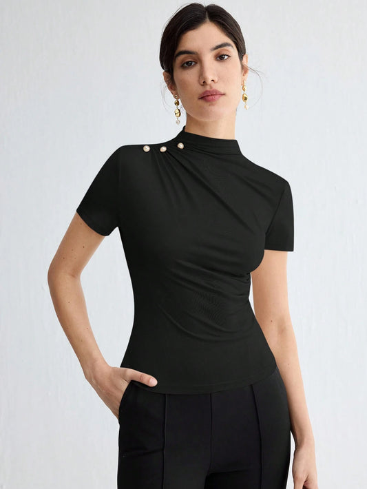 Women's Solid Color Pleated Elegant Short Sleeve T-Shirt