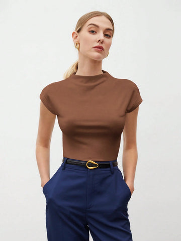 Women's Solid Color Stand Collar Batwing Short Sleeve T-Shirt