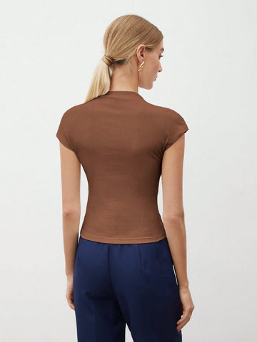 Women's Solid Color Stand Collar Batwing Short Sleeve T-Shirt