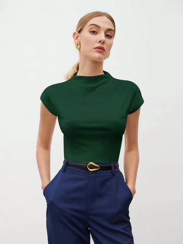 Women's Solid Color Stand Collar Batwing Short Sleeve T-Shirt