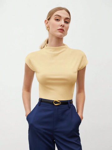 Women's Solid Color Stand Collar Batwing Short Sleeve T-Shirt