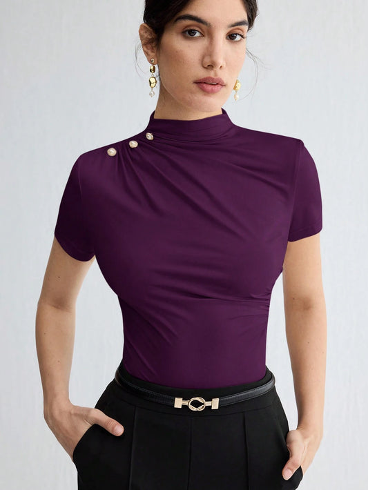 Women's Solid Color Pleated Elegant Short Sleeve T-Shirt