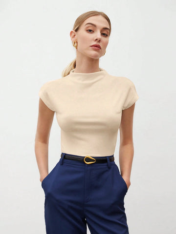 Women's Solid Color Stand Collar Batwing Short Sleeve T-Shirt