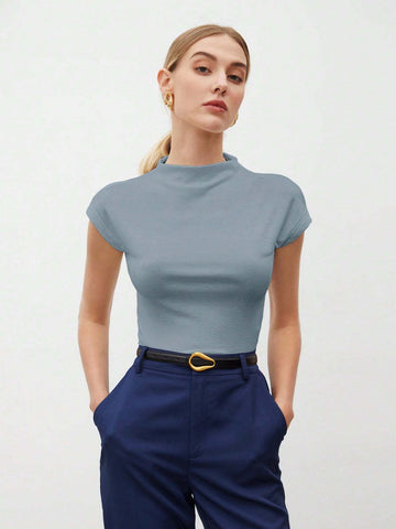 Women's Solid Color Stand Collar Batwing Short Sleeve T-Shirt