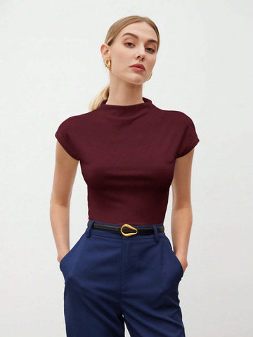 Women's Solid Color Stand Collar Batwing Short Sleeve T-Shirt